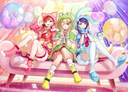 3girls :d ;o animal_hood arm_warmers blonde_hair bloomers blowing_kiss blue_gloves blue_slippers boots butterfly_hair_ornament cat_hood claw_pose closed_mouth commentary_request copyright_notice couch fingerless_gloves frog_hood full_body gloves gradient_hair green_eyes green_hoodie hair_ornament hands_up haruluna highres hood hood_up hoodie kirishima_haru kirishima_luna long_hair long_sleeves looking_at_viewer midriff multicolored_hair multiple_girls navel nijikawa_laki official_art one_eye_closed open_clothes open_hoodie open_mouth orange_eyes paw_shoes purple_hair rabbit_hood red_boots red_hair red_hoodie red_socks ribbed_socks short_sleeves sitting slippers smile socks thighhighs tokeshi underwear virtual_youtuber white_bloomers white_socks white_thighhighs yamasa_(company) yellow_boots