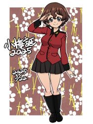 1girl 2025 akaboshi_koume alternate_costume birthday black_boots black_skirt boots brown_hair character_name closed_mouth commentary dated girls_und_panzer jacket knee_boots long_sleeves looking_at_viewer military_uniform miniskirt outline pleated_skirt red_jacket salute short_hair skirt smile solo st._gloriana&#039;s_military_uniform standing takahashi_kurage translated wavy_hair white_outline