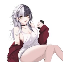 1girl black_choker black_hair breasts choker cleavage commentary earrings english_commentary gloryaldelly grey_hair hair_ornament highres hololive hololive_english jacket jewelry large_breasts long_hair multicolored_hair red_jacket shiori_novella solo split-color_hair tank_top tongue tongue_out two-tone_hair virtual_youtuber white_tank_top x_hair_ornament yellow_eyes