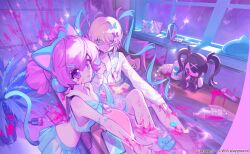 2girls ame-chan_(needy_girl_overdose) animal_ear_headphones animal_ears bandaid bathtub black_eyes black_hair black_ribbon black_shoes black_skirt blonde_hair blood blue_bow blue_bra blue_eyes blue_hair blue_nails blue_neckerchief blue_skirt bow bra buro_(muse_dash) buro_(sailor_suit)_(muse_dash) cat_ear_headphones cellphone character_doll chouzetsusaikawa_tenshi-chan closed_mouth copyright_notice crop_top doll fake_animal_ears hair_bow hair_ornament hairclip headphones heart heart_hair_ornament highres in_bathtub indoors long_hair long_sleeves mil7uka multicolored_hair multiple_girls multiple_hair_bows muse_dash neckerchief needy_girl_overdose official_art open_clothes open_mouth open_shirt phone pien_cat_(needy_girl_overdose) pill pink_blood pink_bow pink_eyes pink_hair pleated_skirt purple_bow quad_tails red_shirt ribbon sailor_collar school_uniform second-party_source serafuku shirt shoes skirt star_(symbol) stuffed_toy tail twintails underwear very_long_hair water white_sailor_collar white_serafuku white_shirt window yellow_bow