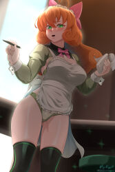 1girl absurdres alternate_costume apron black_thighhighs blush bow bowtie bra breasts cleavage closed_mouth commentary cuff_links curly_hair english_commentary enmaided frilled_apron frills gluteal_fold green_bra green_eyes green_panties green_shrug green_trim hair_between_eyes hair_bow highres holding holding_notepad holding_pen indoors large_variant_set long_sleeves looking_at_viewer maid medium_breasts medium_hair notepad orange_hair panties patreon_logo patreon_username pen penny_polendina pink_bow pink_bowtie rwby shrug_(clothing) signature skindentation sleeve_cuffs solo sparkle thighhighs thighs underwear variant_set vilde_loh_hocen waitress watermark web_address white_apron white_sleeve_cuffs