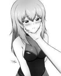 Rule 34 | 1girl, absurdres, artist name, bare arms, bare shoulders, black bodysuit, blue eyes, blush, bodystocking, bodysuit, breasts, cheek pinching, cleavage, collarbone, commentary, commentary request, covered navel, cowboy shot, dated, embarrassed, girls und panzer, grey hair, greyscale, halter leotard, halterneck, highres, itsumi erika, kd esler, leotard, long hair, monochrome, pinching, pout, see-through cleavage, see-through clothes, sideboob, signature, skindentation, solo, squishing, standing, strapless, strapless leotard, white background