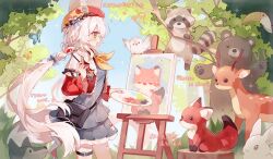Rule 34 | 1girl, :d, absurdres, animal, artist name, bear, bird, blue butterfly, blush, bug, butterfly, canvas (object), commission, cowboy shot, cyano, dated, day, deer, dress, fox, frilled dress, frills, green eyes, grey dress, hat, highres, holding, holding paint palette, holding paintbrush, insect, jacket, long hair, long sleeves, low ponytail, neckerchief, open clothes, open jacket, open mouth, original, outdoors, paint palette, paintbrush, pelican, ponytail, raccoon, red hat, red jacket, smile, thigh strap, tree, very long hair, white hair, wolf, yellow butterfly, yellow neckerchief