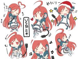 &gt;_&lt; :3 ahoge arms_at_sides blush closed_eyes colored_eyelashes hat heart heart_ahoge knees_together_feet_apart long_hair mini_person minigirl multiple_views musical_note o3o oharu own_hands_together pom_pom_(clothes) red_eyes red_hair red_hat santa_hat sf-a2_miki simple_background sitting sleeping smile standing standing_on_one_leg star_(symbol) tail tears thighhighs usb very_long_hair vocaloid white_background x3