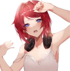 1girl absurdres ange_katrina ange_katrina_(6th_costume) arm_up armpits blue_eyes breasts camisole commentary_request fanning_self hair_intakes hair_ornament hairpin hand_on_own_forehead headphones headphones_around_neck highres hot light_blush looking_at_viewer multiple_hairpins nijisanji open_mouth punya red_hair short_hair simple_background small_breasts solo strap_slip sweat swept_bangs teeth upper_body virtual_youtuber white_background white_camisole