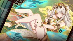 Rule 34 | 1girl, anklet, bare shoulders, barefoot, bell, blonde hair, breasts, brown hat, copyright name, diamond-shaped pupils, diamond (shape), dress, eyewear on head, hair bell, hair ornament, hand on own thigh, hat, highres, honkai (series), honkai impact 3rd, jewelry, large breasts, legs, long hair, looking at viewer, multicolored hair, nail polish, official alternate color, official alternate costume, official art, official wallpaper, orange hair, red nails, red pupils, smile, solo, songque, songque (jovial deception: shadowdimmer), streaked hair, sunglasses, symbol-shaped pupils, thumb ring, two side up, yellow dress, yellow eyes