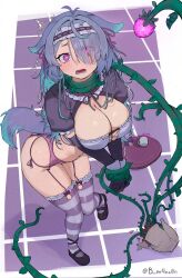 animal_ears bdsm bite_mark bite_mark_on_breast blue_hair blush bondage bound breasts choked cleavage dog_ears dog_girl dog_tail garter_belt highres hypnosis knees_together_feet_apart large_breasts leaning_forward looking_at_viewer looking_up m4ns0n maid mary_janes menace_mamaki mind_control open_mouth plant purple_eyes shoes tail thighhighs vines virtual_youtuber