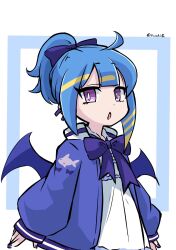 1girl 3zukie blonde_hair blue_hair blue_jacket cowboy_shot dress duel_monster high_ponytail highres jacket lil-la_(yu-gi-oh!) live_twin_lil-la multicolored_hair ponytail purple_eyes simple_background solo streaked_hair twitter_username two-tone_hair white_background white_dress yu-gi-oh!