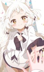 1girl 1other absurdres animal_ear_fluff animal_ears blurry blush bow braid commission confetti fox_ears fox_girl fox_tail hair_bow highres long_hair long_sleeves looking_at_viewer original pov pov_hands reaching reaching_towards_viewer shiro9jira skeb_commission skirt smile solo_focus tail thick_eyebrows white_hair white_skirt wide_sleeves yellow_eyes