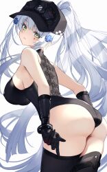 1girl absurdres ass ass_focus back black_gloves black_hat black_thighhighs blue_hair bodysuit breasts cross_hair_ornament diieru girls&#039;_frontline girls&#039;_frontline_2:_exilium gloves green_eyes hair_ornament hat highres hk416_(girls&#039;_frontline) klukai_(girls&#039;_frontline_2) large_breasts long_hair looking_at_viewer ponytail sideboob simple_background sleeveless sleeveless_bodysuit solo standing tattoo teardrop_tattoo thighhighs white_background