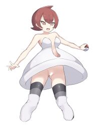 1girl @_@ bar_censor bare_arms brown_hair censored commentary_request cowlick dress highres holding holding_poke_ball mars_(pokemon) nintendo no_panties open_mouth poke_ball poke_ball_(basic) pokemon pokemon_dppt r_(user_pzzt2437) short_dress short_hair simple_background solo strapless strapless_dress white_background white_dress