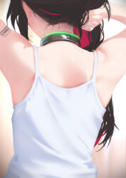 1girl adjusting_hair alternate_costume arm_tattoo arms_up azki_(hololive) back barcode barcode_tattoo black_hair camisole cohi27151463 colored_inner_hair commentary from_behind highres holding holding_own_hair hololive jewelry long_hair multicolored_hair neck_ring pink_hair sleeveless solo tattoo two-tone_hair upper_body virtual_youtuber white_camisole