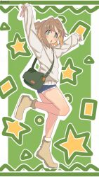 1girl alternate_costume arms_up bag bambi2000line bare_legs blue_shorts blush boots brown_hair colored_inner_hair commentary_request cutoffs diamond-shaped_pupils diamond_(shape) double_v full_body green_background green_eyes hair_intakes highres long_sleeves multicolored_hair oka_asahi onii-chan_wa_oshimai! orange_hair outline short_hair short_shorts shorts shoulder_bag simple_background sleeves_past_wrists solo standing standing_on_one_leg star_(symbol) symbol-shaped_pupils triangle_mouth two-tone_hair two_side_up v white_outline