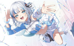 1girl absurdres arms_up blue_eyes blue_hair boots confetti crop_top full_body gang_h gawr_gura hair_ornament highres hololive hololive_english idol looking_at_viewer midriff miniskirt multicolored_hair navel open_hands outstretched_arm skirt solo stomach streaked_hair virtual_youtuber white_boots white_hair white_skirt