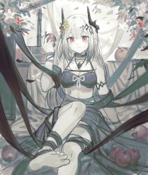 Rule 34 | 1girl, absurdres, apple, arknights, bare shoulders, barefoot, bikini, black bikini, black choker, black ribbon, bound leg, breasts, choker, cleavage, demon horns, eating, feet, food, fruit, hand up, highres, holding, holding food, holding fruit, horns, jewelry, leg up, long hair, looking at viewer, material growth, medium breasts, mudrock (arknights), mudrock (silent night) (arknights), necklace, official alternate costume, oripathy lesion (arknights), red eyes, ribbon, sitting, soles, solo, string bikini, swimsuit, toes, white hair, zapik