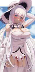 Rule 34 | 1girl, azur lane, bare shoulders, blue eyes, blue gemstone, breasts, cafenami, cleavage, commentary request, cowboy shot, detached collar, dress, elbow gloves, garter straps, gem, gloves, hair ribbon, hat, highres, illustrious (azur lane), lace, lace-trimmed headwear, lace-trimmed thighhighs, lace trim, large breasts, long hair, looking at viewer, mole, mole under eye, ribbon, sleeveless, sleeveless dress, solo, strapless, strapless dress, sun hat, thighhighs, tress ribbon, tri tails, very long hair, white dress, white garter straps, white gloves, white hair, white thighhighs