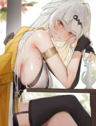 1girl absurdres amco armlet armpit_crease asymmetrical_gloves bare_shoulders black_gloves black_thighhighs blush breast_rest breasts commentary crossed_legs elbow_gloves fingerless_gloves from_side gloves hair_ornament highres holding jacket jewelry large_breasts looking_at_viewer mole mole_on_breast parted_lips sideboob single_elbow_glove single_thighhigh sitting skindentation solo table thighhighs thighs uneven_gloves yellow_eyes yellow_jacket yi_xuan_(zenless_zone_zero) zenless_zone_zero