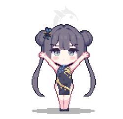 &gt;_&lt; 1girl animated animated_gif arms_up bare_arms black_hair blue_archive blush_stickers chibi china_dress chinese_clothes double_bun dragon_print dress full_body green_eyes grey_halo hair_bun halo kisaki_(blue_archive) long_hair looking_at_viewer pelvic_curtain piao_mao pixel_art simple_background sleeveless sleeveless_dress solo standing tiptoes twintails white_background
