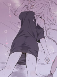 1girl after_masturbation asutora asutora-chan black-framed_eyewear black_shirt commentary_request from_behind glasses heavy_breathing highres hitachi_magic_wand lying medium_hair on_stomach original pussy_juice sex_toy shirt solo sweat t-shirt vibrator white_hair