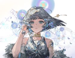 1girl aqua_eyes blunt_bangs blunt_ends commentary earrings glint gold_choker gold_hairband grey_hair hair_ornament hairband hand_in_own_hair highres jewelry kelezi looking_at_viewer mercuria_(reverse:1999) metal_hairband parted_lips reverse:1999 short_hair shoulder_tattoo solo straight-on tattoo upper_body