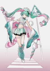 1girl belt blue_eyes blue_skirt charm_(object) commentary_request floating_hair frilled_skirt frills full_body gradient_background gradient_clothes gradient_jacket hat hatsune_miku highres jacket looking_at_viewer midriff multicolored_hair o-ring o-ring_thigh_strap pluto11sco road_sign shoes sign single_fishnet_legwear skirt smile sneakers thigh_strap twintails umbrella vocaloid white_belt white_shoes