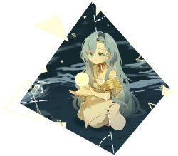 1girl 37_(reverse:1999) ancient_greek_clothes ball bare_shoulders blue_eyes blue_hair daku_k full_body gold_choker greco-roman_clothes hair_between_eyes hands_up highres long_hair reverse:1999 smile solo tetrahedron toga triangle very_long_hair water white_background