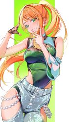 1girl blush breasts brown_gloves cleavage cleavage_cutout clothing_cutout denim detached_sleeves fingerless_gloves gakuen_idolmaster gloves green_eyes green_leotard highres idolmaster jeans kainown large_breasts leotard long_hair looking_at_viewer medium_breasts mole mole_under_eye orange_hair pants shirt shiun_sumika single_glove smile solo