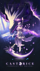 1girl asymmetrical_gloves bare_shoulders black_tiara bug butterfly butterfly_on_hand butterfly_ornament castorice_(honkai:_star_rail) character_name commentary dinhosaur dragon english_commentary flower gloves highres honkai:_star_rail honkai_(series) insect purple_butterfly purple_eyes purple_flower purple_gloves purple_hair sky solo star_(sky) starry_sky tiara
