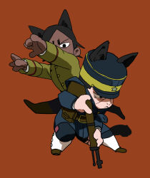 2boys :&lt; animal_ears belt belt_pouch black_hair blue_jacket blue_pants boots brown_belt brown_boots cat_ears cat_tail closed_mouth dark-skinned_male dark_skin full_body galeblack golden_kamuy gun hat highres holding holding_gun holding_weapon jacket kemonomimi_mode koito_otonoshin long_sleeves looking_to_the_side male_focus multiple_boys musket pants parted_bangs peaked_cap pouch red_background sideways_glance simple_background standing star_(symbol) tail tsukishima_hajime weapon yellow_jacket