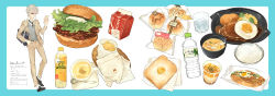 1boy absurdres bag basket black_necktie black_shoes blazer bottle bowl bread bread_slice brown_pants burger c.c._lemon cable character_name character_profile chips_(food) collared_shirt corn cup desert dessert digital_media_player dress_shirt drink drinking_glass earphones egg egg_(food) english_text fast_food food food_focus french_fries fried_egg fried_egg_on_toast glasses grey_hair hamburger_steak hand_in_pocket hand_up handkerchief height highres holding hot_dog ice ice_cube jacket le_delicatessen lettuce long_sleeves looking_away male_focus mayonnaise meatball melon_bread milk_carton miso_soup mousse_(food) napkin necktie open_clothes open_jacket original outside_border pants plastic_bag polka_dot rice_bowl rounded_corners school_bag shirt shoe_soles shoes shoulder_bag socks solo soup spoon standing steak sunny_side_up_egg sweater_vest toast tofu tray water_bottle white_background white_shirt white_socks wrapper yakisoba
