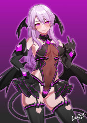 1girl absurdres alternate_costume bare_shoulders black_gloves black_skirt black_thighhighs blush breasts corruption covered_navel dark_persona demon_girl demon_tail demon_wings elbow_gloves fire_emblem fire_emblem:_radiant_dawn gloves head_wings highleg highleg_leotard highres kouyoku_senki_exs-tia leiva leotard liberator_(kouyoku_senki_exs-tia) long_hair looking_at_viewer medium_breasts micaiah_(fire_emblem) middle_finger mind_control nintendo pubic_tattoo purple_background purple_eyes purple_hair see-through_clothes showgirl_skirt simple_background skindentation skirt smile solo tail tattoo thighhighs thighs wings
