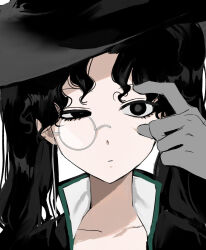 Rule 34 | 1girl, 1other, amon (lord of the mysteries), black eyes, black hair, chinese commentary, closed mouth, collarbone, commentary request, genderswap, genderswap (mtf), highres, kikinotamai, long hair, looking at viewer, lord of the mysteries, monocle, parted bangs, simple background, solo focus, twintails, white background