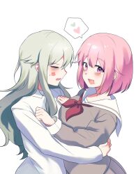 2girls absurdres after_kiss arms_around_waist blush collared_shirt commentary green_hair grey_shirt hashtag-only_commentary heart highres hug kusanagi_nene kwasobi_w lipstick lipstick_mark lipstick_mark_on_face long_hair makeup multiple_girls neckerchief ootori_emu open_mouth pink_eyes pink_hair project_sekai red_neckerchief sailor_collar shirt short_hair simple_background smeared_lipstick spoken_heart white_background white_sailor_collar white_shirt yuri