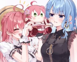 3girls :3 ahoge animal_ears annoyed blue_eyes blue_hair blush fox_ears fox_girl highres holding holding_stuffed_toy hololive hoshimachi_suisei hoshimachi_suisei_(maid) long_hair mochidoru_(plush) multiple_girls muyamii notice_lines official_alternate_costume pink_hair sakura_miko sakura_miko_(street) shirakami_fubuki smile star_(symbol) star_in_eye stuffed_toy symbol_in_eye virtual_youtuber white_hair