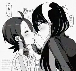 ... ahoge blush braid carmine_(pokemon) closed_eyes closed_mouth gloves greyscale hair_ornament hairband hairclip hand_on_another&#039;s_chin hyaku_ae_mon imminent_kiss juliana_(pokemon) long_hair long_sleeves looking_at_another mole mole_under_eye monochrome nintendo partially_fingerless_gloves pokemon pokemon_sv short_hair single_braid speech_bubble thought_bubble translation_request twitter_username upper_body