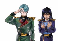 Rule 34 | 1boy, 1girl, absurdres, aqua eyes, aqua hair, beard, belt, blush, challia bull, char&#039;s counterattack, chinese commentary, commentary request, facial hair, green jacket, gundam, gundam gquuuuuux, hair over one eye, high collar, highres, holding, holding paper, jacket, long hair, long sleeves, looking at viewer, military jacket, military uniform, mustache, neo zeon, nyaan (gundam gquuuuuux), open mouth, paper, purple hair, purple jacket, salute, short hair, simple background, upper body, white background, xianyuling245, yellow eyes
