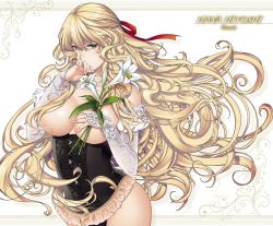 1girl artist_name bare_shoulders black_bustier black_panties blonde_hair blow blue_eyes blush breast_hold breasts bridal_gauntlets corset covering_one_breast covering_own_mouth covering_privates cowboy_shot elbow_gloves female_focus floating_hair flower frills gloves hair_between_eyes hair_over_breasts hair_over_one_breast hand_over_own_mouth highres hiyoshi_hana holding holding_flower lace large_breasts long_hair looking_at_viewer no_bra original panties sidelocks solo tsurime underbust underwear very_long_hair wavy_hair white_flower