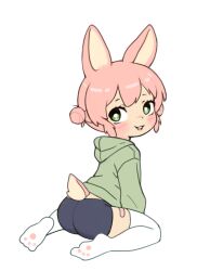 Rule 34 | ass, bandaid, bandaid on leg, black shorts, blush, borrowed character, double bun, from behind, green eyes, green hoodie, hair bun, highres, hood, hood down, hoodie, long sleeves, original, parted lips, paw print, pink hair, qtkat, rabbit ears, rabbit girl, rabbit tail, short hair, shorts, sitting, smile, teeth, thighhighs, upper teeth only, wariza, white thighhighs