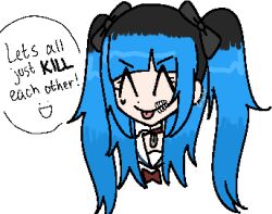 1girl ^_^ amemiya_darumi black_bow black_hair blue_hair bow closed_eyes collar ear_piercing earrings english_text female_focus hair_bow heart jewelry long_hair multicolored_hair piercing safety_pin simple_background solo solo_focus speech_bubble the_hundred_line_-last_defense_academy- tongue tongue_out twintails