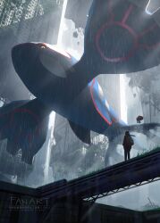 1girl asteroid_ill building gen_3_pokemon kyogre legendary_pokemon looking_up nintendo pokemon post-apocalypse rain ruins scenery standing