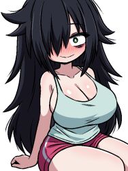1girl alternate_breast_size arm_support bare_shoulders black_hair blush breasts bright_pupils cleavage closed_mouth collarbone dot_nose feet_out_of_frame green_eyes grey_tank_top gym_shorts hair_over_one_eye ink_(inksgirls) kuroki_tomoko large_breasts long_hair looking_at_viewer messy_hair one_eye_covered red_shorts shorts sidelocks simple_background sitting skindentation smile solo split_mouth straight_hair tank_top very_long_hair watashi_ga_motenai_no_wa_dou_kangaetemo_omaera_ga_warui! white_background white_pupils yokozuwari