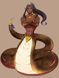 1boy abs black_hair blue_eyes bracelet brown_background brown_scales closed_mouth commentary_request crossed_arms earrings full_body gensoudanshi high_ponytail highres hoop_earrings jewelry lamia_boy long_hair looking_at_viewer male_focus monster_boy narrow_waist necklace original pointy_ears ponytail scales sidelocks simple_background solo tail tail_ornament toned toned_male
