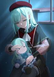 1girl 2951597653 absurdres bang_dream! bang_dream!_it&#039;s_mygo!!!!! character_doll closed_eyes commentary doll green_hair hair_ornament hairclip highres holding holding_doll holding_toy light_particles long_hair looking_at_object moonlight mortis_(bang_dream!) mortis_(costume)_(bang_dream!) mortis_(persona)_(bang_dream!) on_chair sitting smile solo stairs toy wakaba_mutsumi wakaba_mutsumi_(doll) yellow_eyes