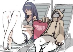 Rule 34 | animal ears, beach chair, beach umbrella, bikini, blazblue, blazblue: cross tag battle, blouse, blue hair, cat, cat ears, catherine: full body, catherine (game), holding shirt, holding unworn clothes, hood, jubei (blazblue), legs up, logo, orie ballardiae harada, red shirt, shirt, sunbathing, swimsuit, t-shirt, tefec, umbrella, under night in-birth, unworn shirt, white bikini