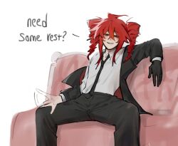 1girl ? black_coat black_gloves black_necktie black_pants coat couch drill_hair english_text feet_out_of_frame formal_clothes gloves high_collar kasane_teto looking_at_viewer medium_hair necktie off_shoulder pants patting_lap red_eyes red_hair shirt simple_background sitting smile solo spread_legs twin_drills vocaloid wantsomesnake19 white_background white_shirt