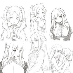 2girls blunt_bangs breasts buttons closed_mouth dot_nose dress earrings expressionless fern_(sousou_no_frieren) forehead frieren head_tilt highres jewelry large_breasts lineart long_hair monochrome multiple_girls multiple_views nattocurryumeee open_clothes open_mouth open_shirt pointy_ears portrait sidelocks simple_background sketch small_breasts sousou_no_frieren twintails upper_body white_background yuri