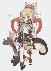 2girls absurdres arched_bangs asymmetrical_legwear bandaged_arm bandages black_gloves black_socks blonde_hair brown_dress closed_mouth dress eyes_visible_through_hair frown genshin_impact gloves grey_hair hand_on_another&#039;s_arm hand_on_another&#039;s_face hand_up highres hood multiple_girls open-toe_shoes open_mouth origami_gyokuo platform_sandals red_eyes sandals sayu_(genshin_impact) short_dress short_hair short_sleeves simple_background smile socks uneven_legwear white_background yellow_eyes yoimiya_(genshin_impact)