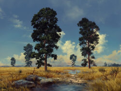 absurdres blue_sky branch commentary day english_commentary grass highres krita_(medium) landscape nature no_humans original outdoors philipp_urlich plain puddle rock scenery signature sky sunlight tree water