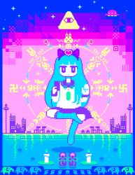 1girl animal_ears animated animated_gif bird blinking blouse blunt_bangs building candle cat cat_ears elephant eye_of_providence female_focus fire fish_skeleton floating flying_saucer green_fire hinduism jellyfish kneehighs london looking_at_viewer monochrome necktie original phone pixel_art rabbit reflection sailor_collar shadow shirt skirt socks solo spacecraft swastika toyoi_yuuta triangle
