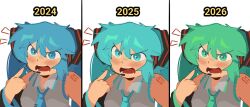 Rule 34 | 1girl, 2024, 2025, 2026, abstractpurple, aqua eyes, aqua hair, aqua necktie, artist progress, black border, black sleeves, blue eyes, blue hair, blue necktie, blush, border, collared shirt, commentary, detached sleeves, english commentary, grey shirt, hair between eyes, hair ornament, hand up, hatsune miku, headphones, highres, long hair, long sleeves, looking to the side, multiple views, necktie, notice lines, number tattoo, open mouth, pointing, shirt, simple background, sleeveless, sleeveless shirt, tattoo, teeth, twintails, v-shaped eyebrows, vocaloid, white background, wide sleeves